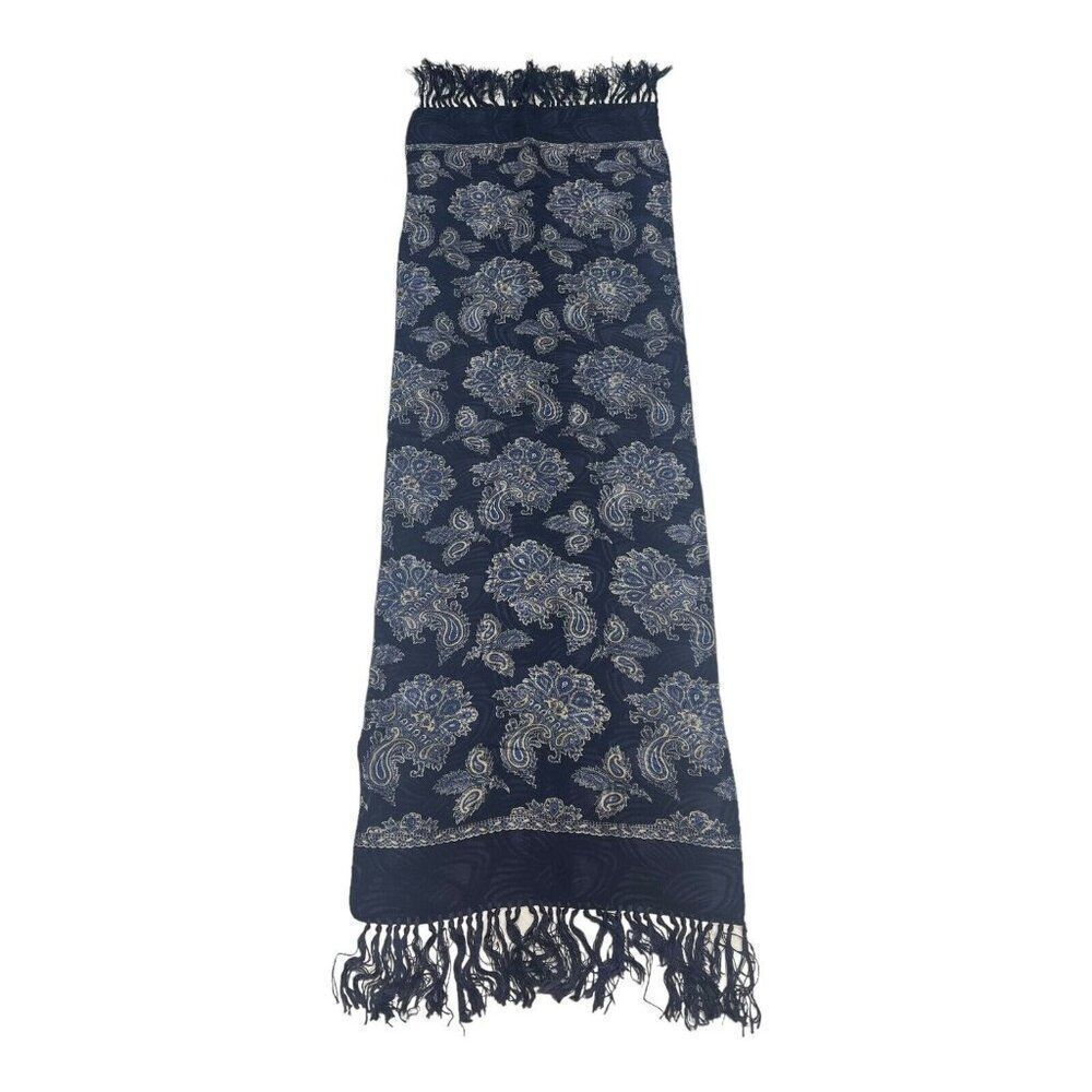 Large Blue Paisley Rayon Floral Print Scarf With Fringe Women’s Rectangle 12x36